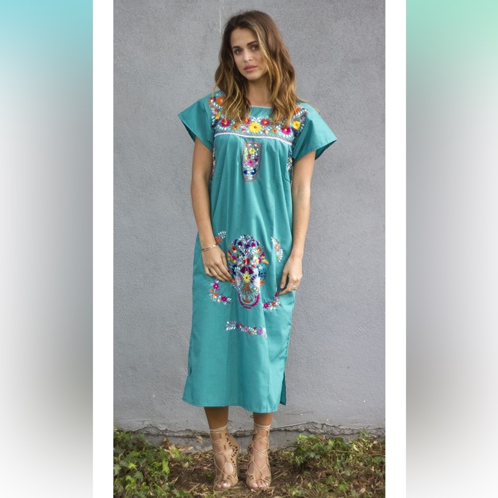 Liliana Cruz Embroidered Mexican Peasant Dress Teal XL
